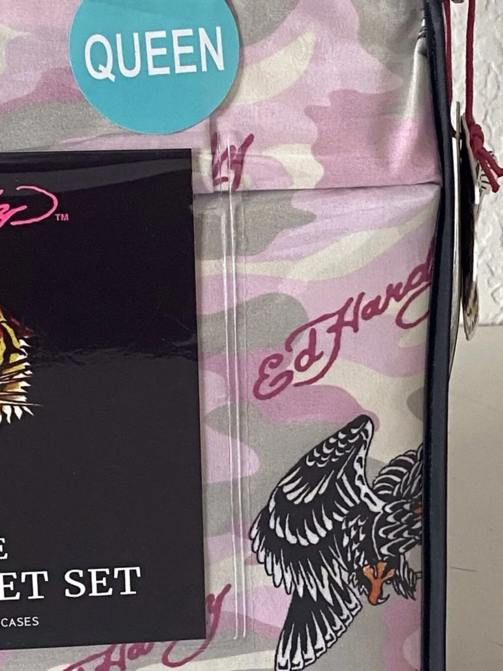 6 Piece Ed Hardy QUEEN Size Sheet Set Pink Grey Camo Eagle Tiger Logo NEW‎